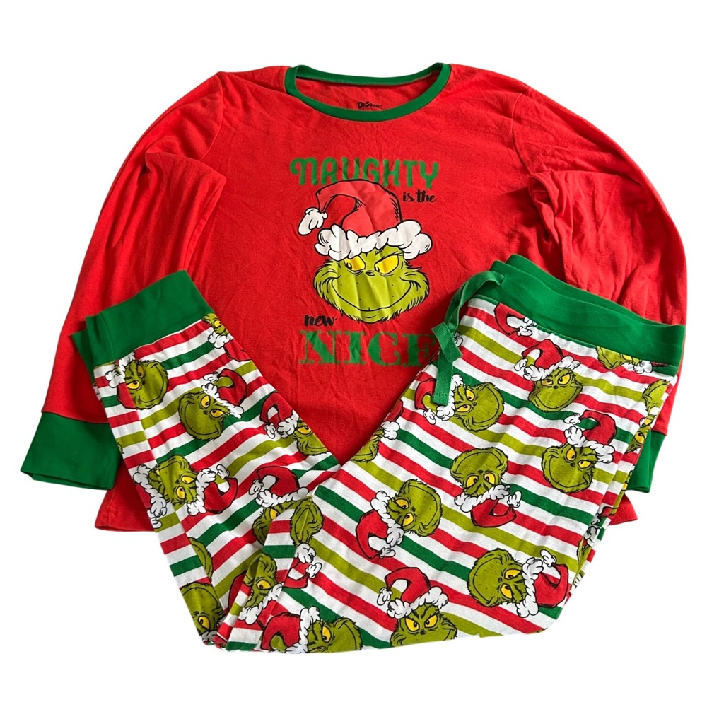Dr.Seuss Grinch Two Piece Pajama Set Womens Size XXL/2X Green Red Pajamas Pjs